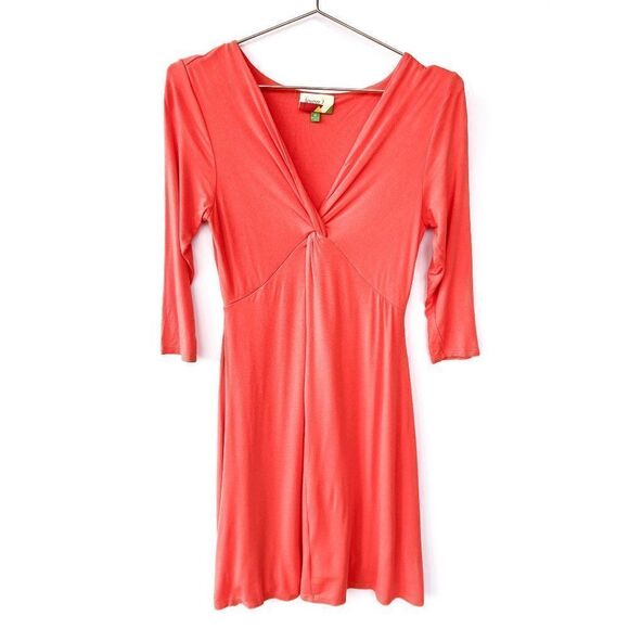 Modcloth Fervour Coral Pink Quarter Sleeve V Neck Twisted Front Dress - Picture 1 of 7